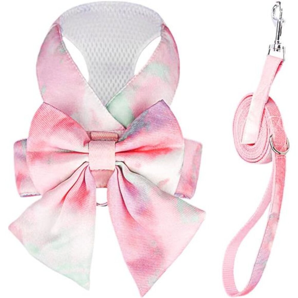 Cute Bow Tie Dog Harness and Leash Set Elegant Rainbow Gradient Puppy Harness